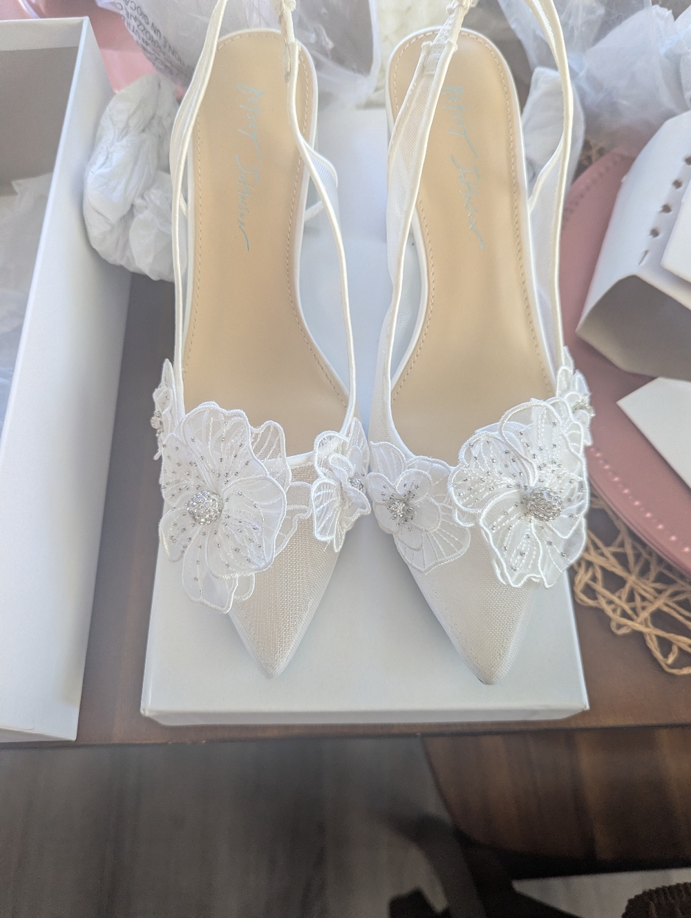 Betsey Johnson White Floral Embellished Slingback Heels